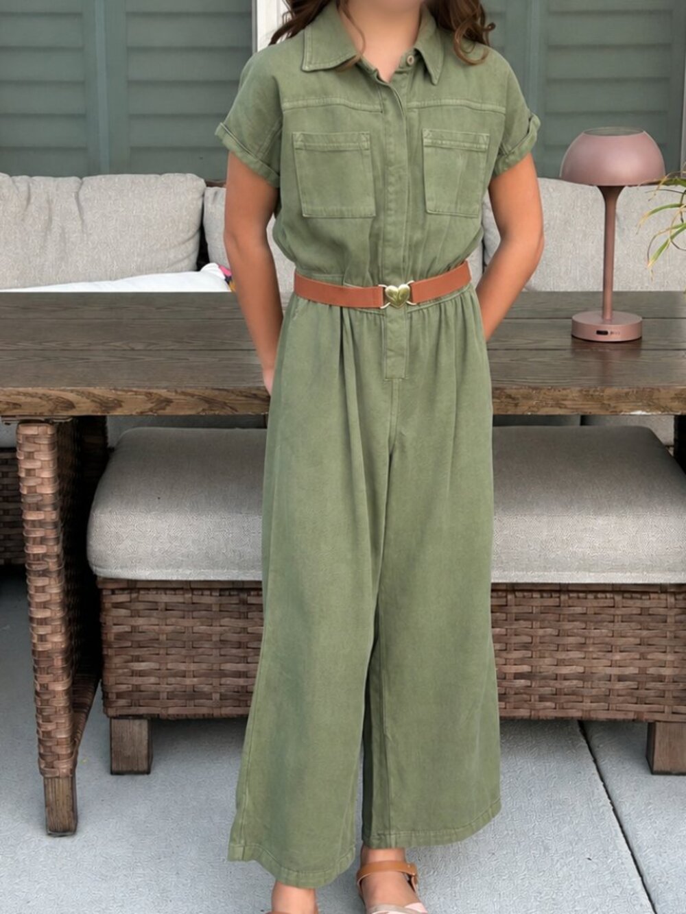 Cat & Jack Girls Olive Green Utility Jumpsuit Size M 8 Wide Leg
